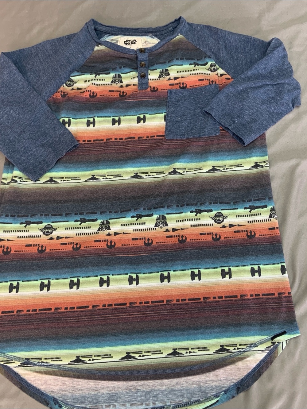 Star Wars Kids Blue Raglan Henley with Multicolor Stripe & Icons‎